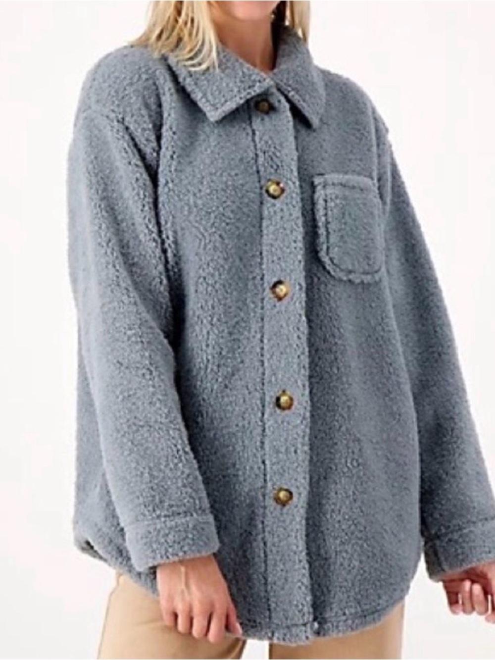 Koolaburra Plush Button-Up Jacket in Dusty Blue